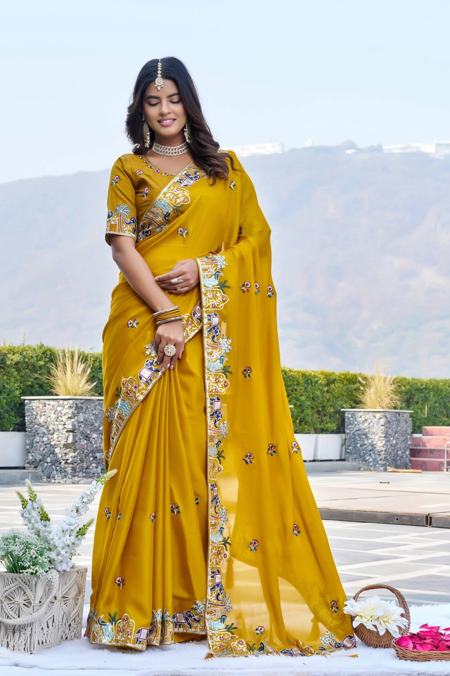 Mustard Yellow Satin Chiffon Saree Kalyanja Fashion